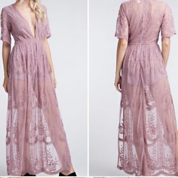 Honey Punch Open Road Romper With Nude Lace Maxi Dress Overlay SIZE XS/Small - Picture 1 of 7